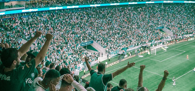 Torcida do Palmeiras com bandeiras no estádio